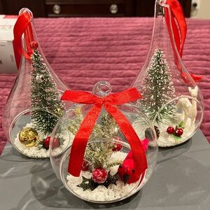 Set of three glass diorama Christmas ornaments